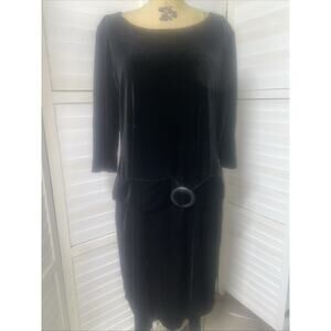 90s VTG Dani Max Black Velvet Dress Women’s 3/4 Sleeve Straight Pencil Belt 16